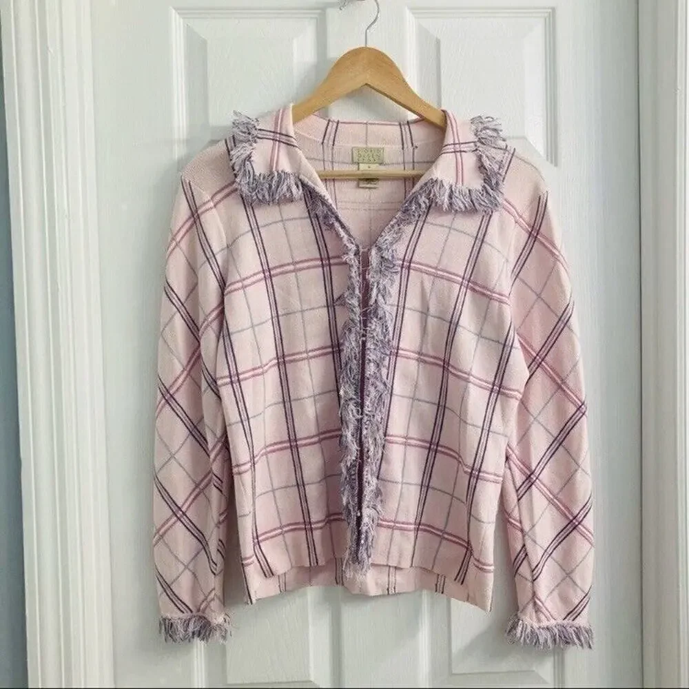 Vintage Cardigan Sweater Pink Purple Plaid Fringe Preppy Coquette Size Small